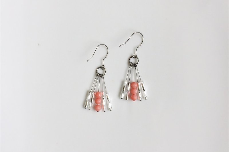 银色流苏 不锈钢天然石造型耳环 - 耳环/耳夹 - 玻璃 粉红色