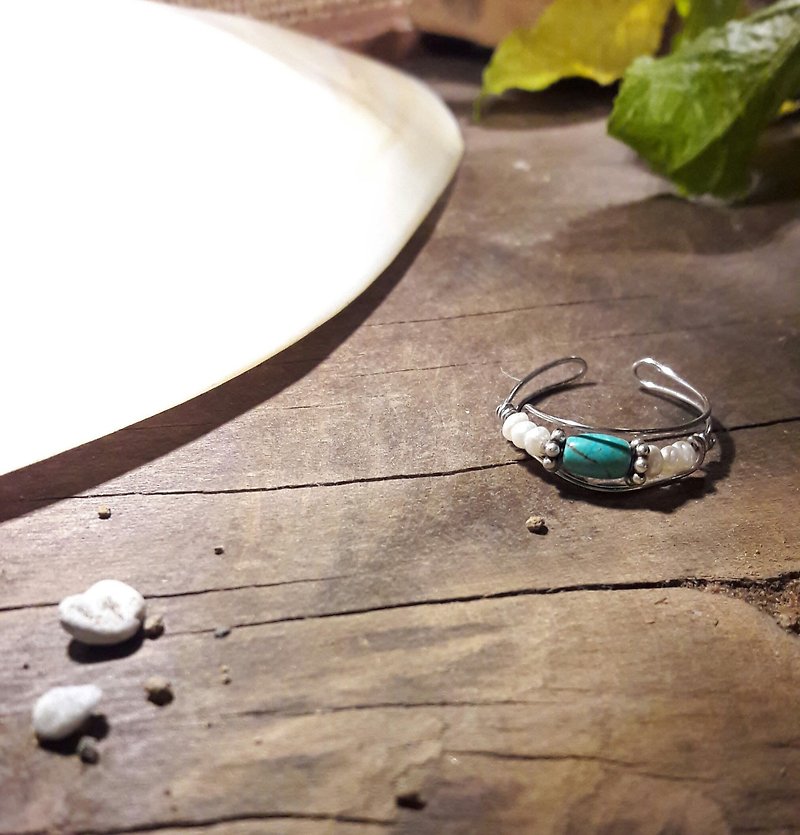 戒指。绿松石*珍珠可调式绕线不锈钢戒指 - 戒指 - 宝石 