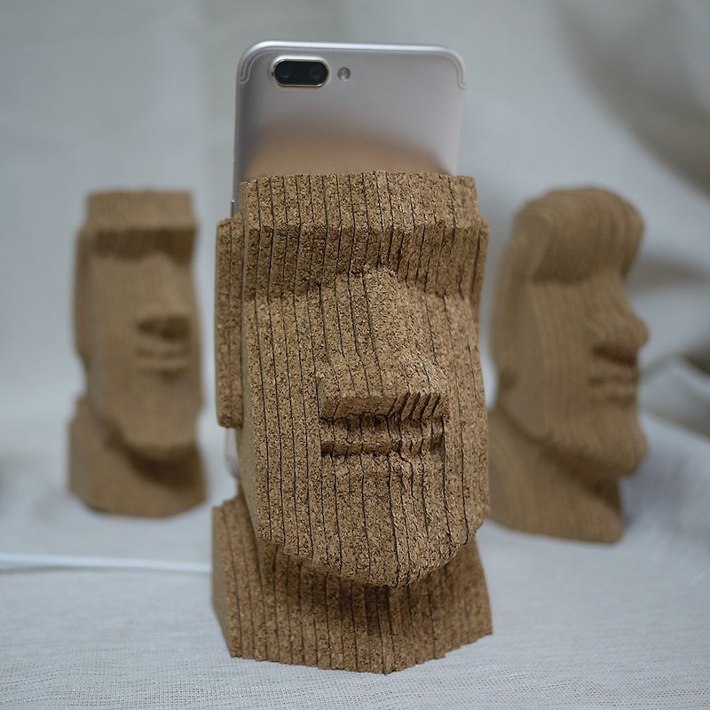 励志 摩艾 Moai 巨石像 手机架 软木堆叠 手作工艺品 疗愈小物 - 摆饰 - 木头 咖啡色