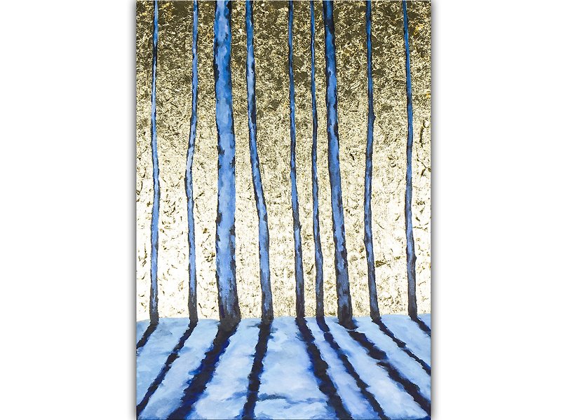 Birches Tree Painting Modern Original Art Gold Leaf and Blue Abstract Acrylic - 墙贴/壁贴 - 其他材质 金色