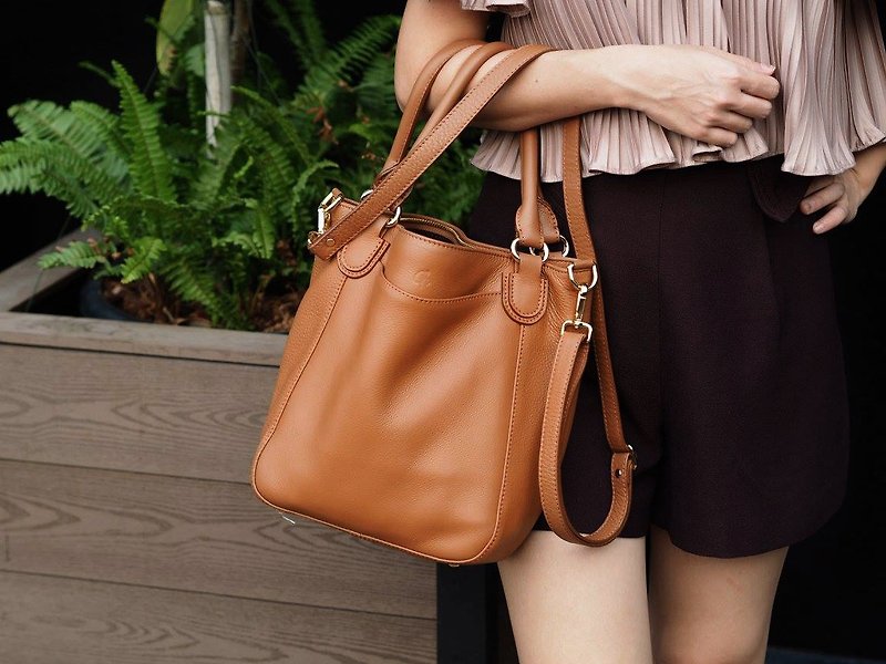 Honey (Caramel) : Tote bag, Cow Leather bag, Soft leather, Brown-orange - 手提包/手提袋 - 真皮 咖啡色