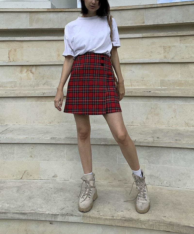 Red Plaid Mini Wrap Skirt, Preppy A Line Tartan Schoolgirl Miniskirt - 裙子 - 羊毛 红色