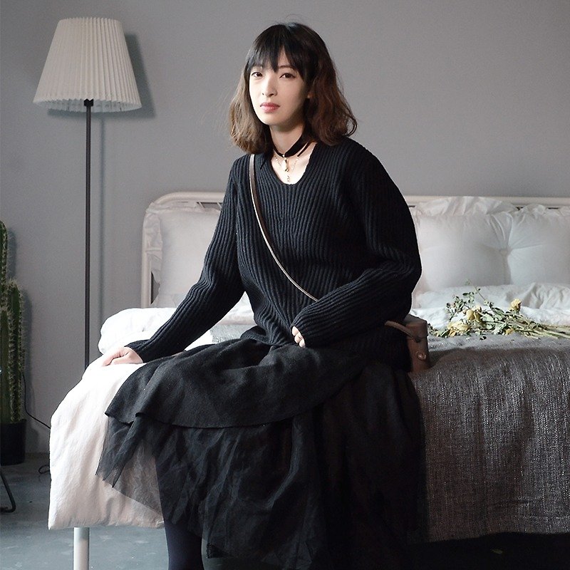 北欧风极简圆领羊毛衫|羊毛衫|羊毛纱线|独立品牌|Sora-89 - 女装针织衫/毛衣 - 羊毛 黑色
