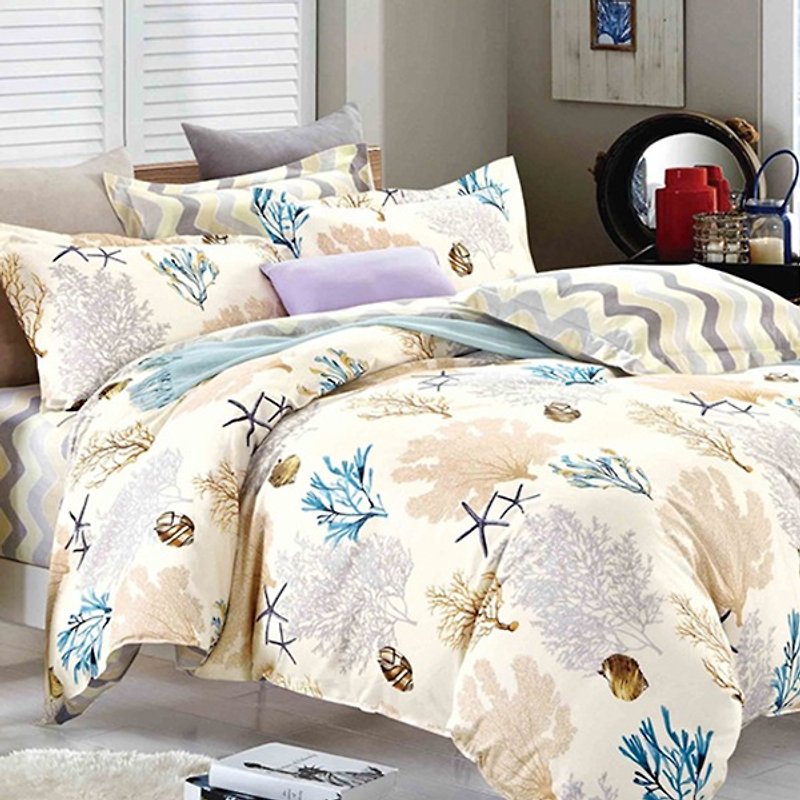 (加大)珊瑚海-双面设计100%精梳棉薄件床包四件组Queen尺寸6×6.2 - 寝具 - 棉．麻 金色