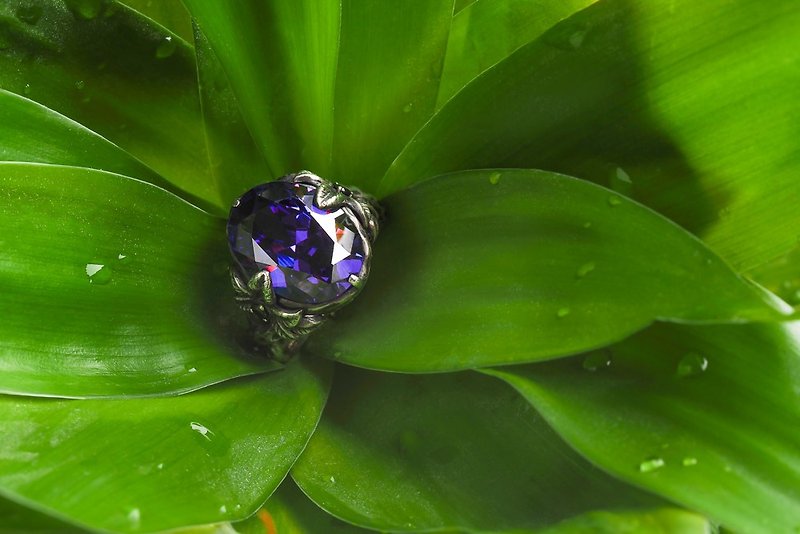夜森紫晶宝石戒指 925纯银饰 戒围可订制 可更换宝石颜色 - 戒指 - 纯银 银色