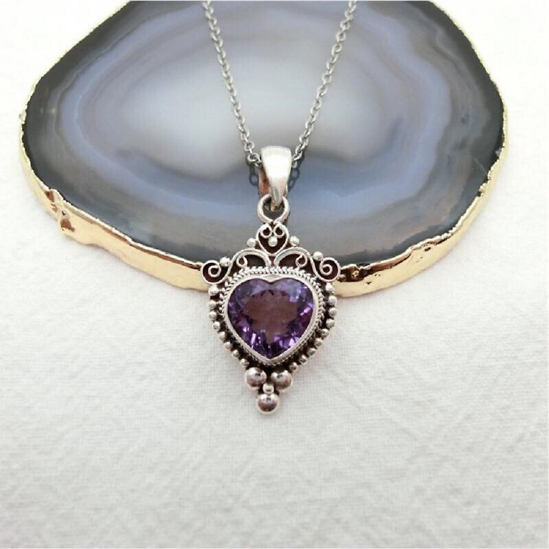 紫水晶925纯银心形复古巴洛克项链 尼泊尔手工银饰 - 项链 - 宝石 银色