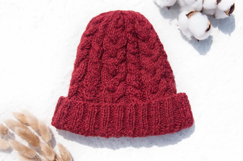 手工编织纯羊毛帽/编织帽/针织毛帽/内刷毛手织毛帽/毛线帽-红色 - 帽子 - 羊毛 红色