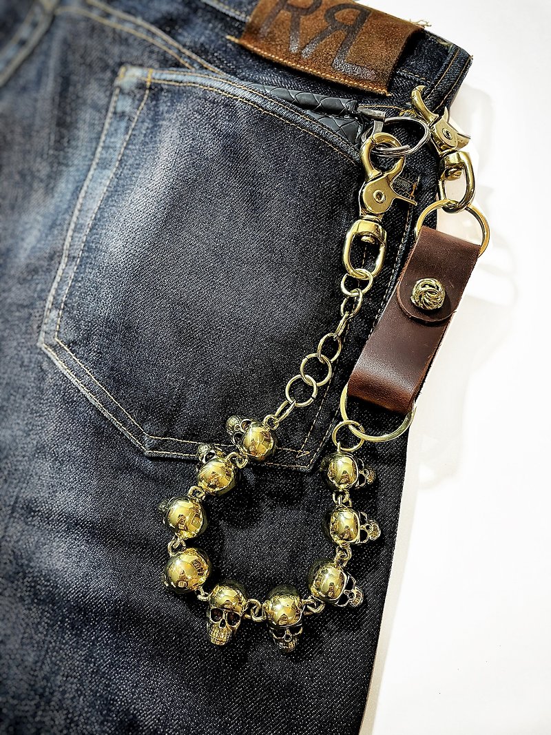 Brass Skulls Wallet Chain With Genuine Leather Keyholder. - 钥匙链/钥匙包 - 其他金属 金色