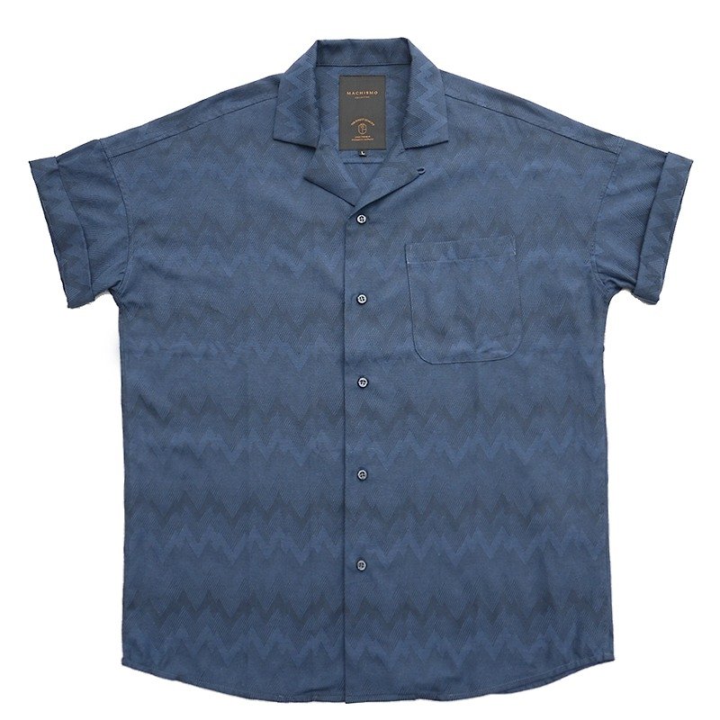 深蓝色 复古 古巴领 折袖 电波纹 短袖 夏威夷衬衫 - 男装衬衫 - 棉．麻 蓝色