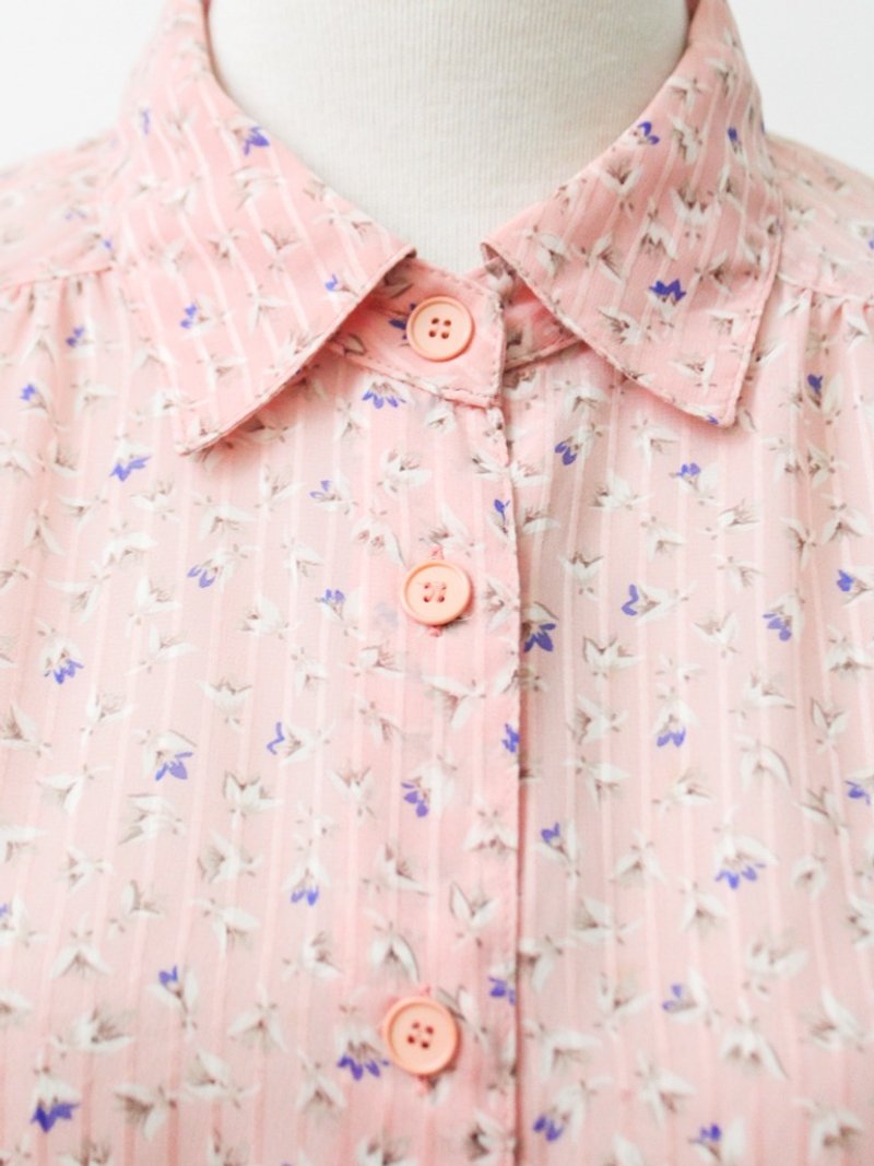 【RE1021T248】秋日本制复古粉色碎花条纹古着衬衫 - 女装衬衫 - 聚酯纤维 粉红色
