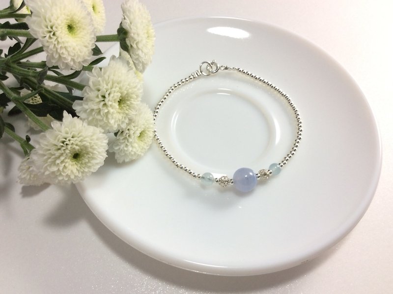 Ops Blue Lace Agate bracelet -蓝纹玛瑙/海蓝宝/银/手工/蓝紫色 - 手链/手环 - 宝石 蓝色