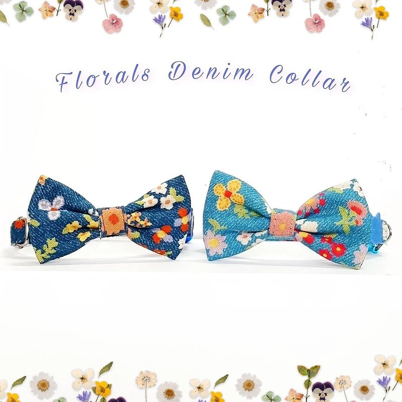 Flowers Denim fabric Cat bow tie Collar with Breakaway Safety Buckle - 项圈/牵绳 - 棉．麻 蓝色