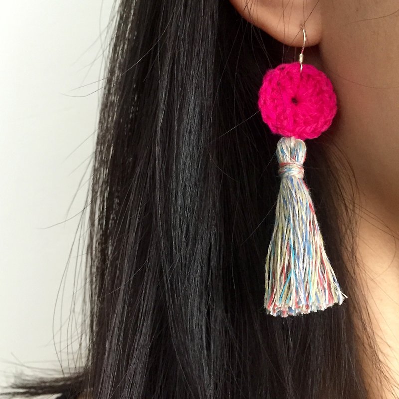 手工流苏耳环  |  糖果色  | 鈎织小圆圈 - 耳环/耳夹 - 棉．麻 粉红色