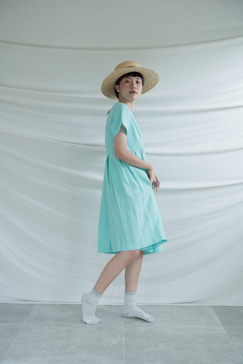 Mint Pleated Linen Dress - 洋装/连衣裙 - 亚麻 绿色