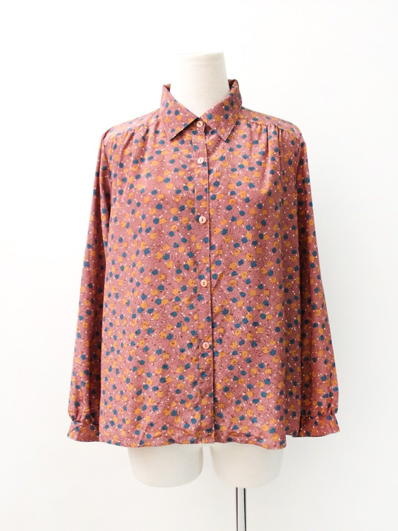 日本制复古蜜桃红小花长袖古着衬衫 Vintage Blouse - 女装衬衫 - 聚酯纤维 红色