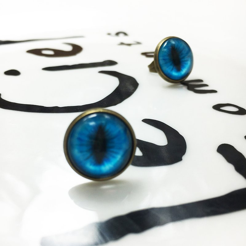 古铜复古耳环—猫瞳印象—水蓝色猫眼  /另提供改夹式 - 耳环/耳夹 - 其他金属 蓝色