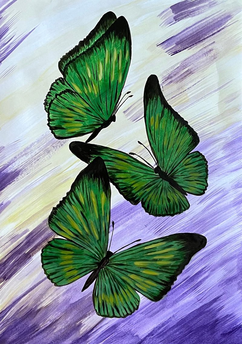Green butterflies in a lilac-yellow mist. Watercolor. - 墙贴/壁贴 - 纸 