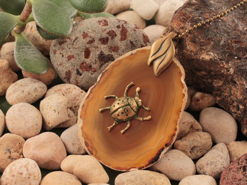Beige Brown Orange Agate Slice Slab Ladybug Ladybird Pendant Necklace Jewelry - 项链 - 半宝石 橘色