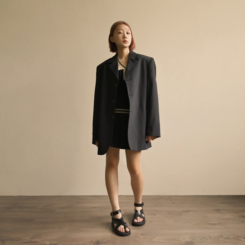 【NaSuBi Vintage】宽大轮廓条纹单襟古着西装外套 - 女装休闲/机能外套 - 其他人造纤维 
