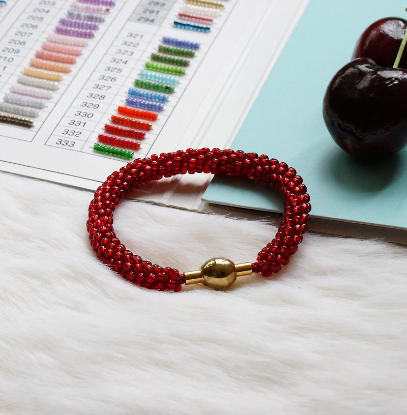 Kumihimo手织日本玻璃珠 KTS-05 ( Handbraided Kumihimo Seed Beads Bracelet ) - 手链/手环 - 玻璃 红色