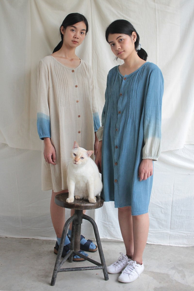 linnil: Deep blue sea dress - natural dye indigo with linen fabric - 洋装/连衣裙 - 棉．麻 蓝色