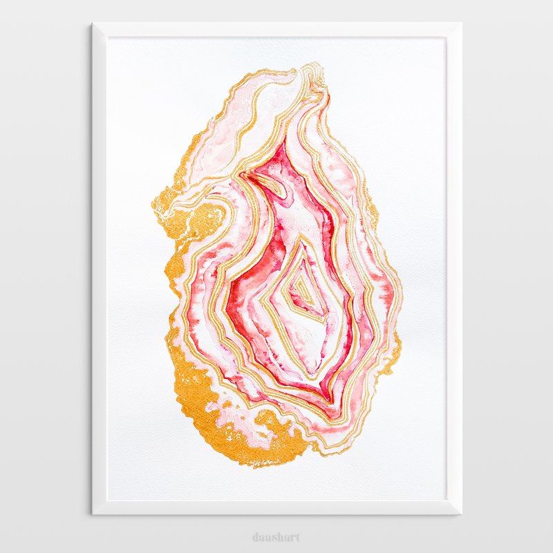 粉红色 geode Linocut 打印水彩画原创艺术品玛瑙墙艺术 - 海报/装饰画/版画 - 纸 粉红色