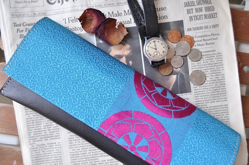 OBIクラッチバッグ　革と正絹の組み合わせ　ブルー - 手拿包 - 其他材质 蓝色