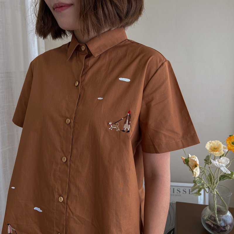 Shirt Dress : 连衣裙  Dog Walking狗 -Brown Cinnamon棕色的 - 洋装/连衣裙 - 棉．麻 咖啡色