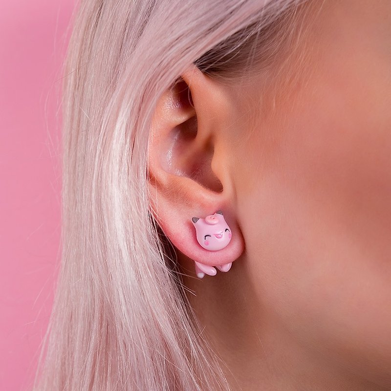 Pink Cat Earrings - Kawaii Cat Earrings Polymer Clay - 耳环/耳夹 - 粘土 粉红色
