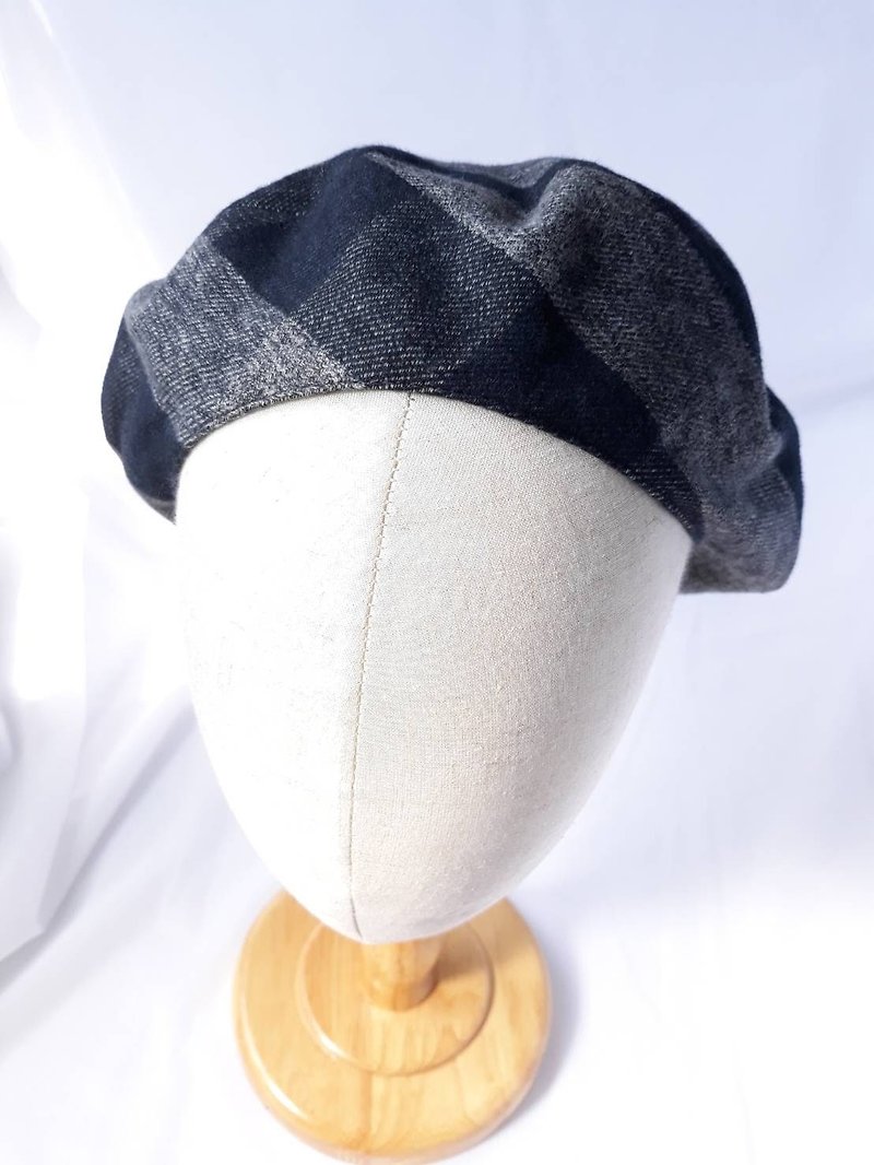 黑灰色织格纹纯棉贝蕾帽(Beret) - 帽子 - 棉．麻 黑色