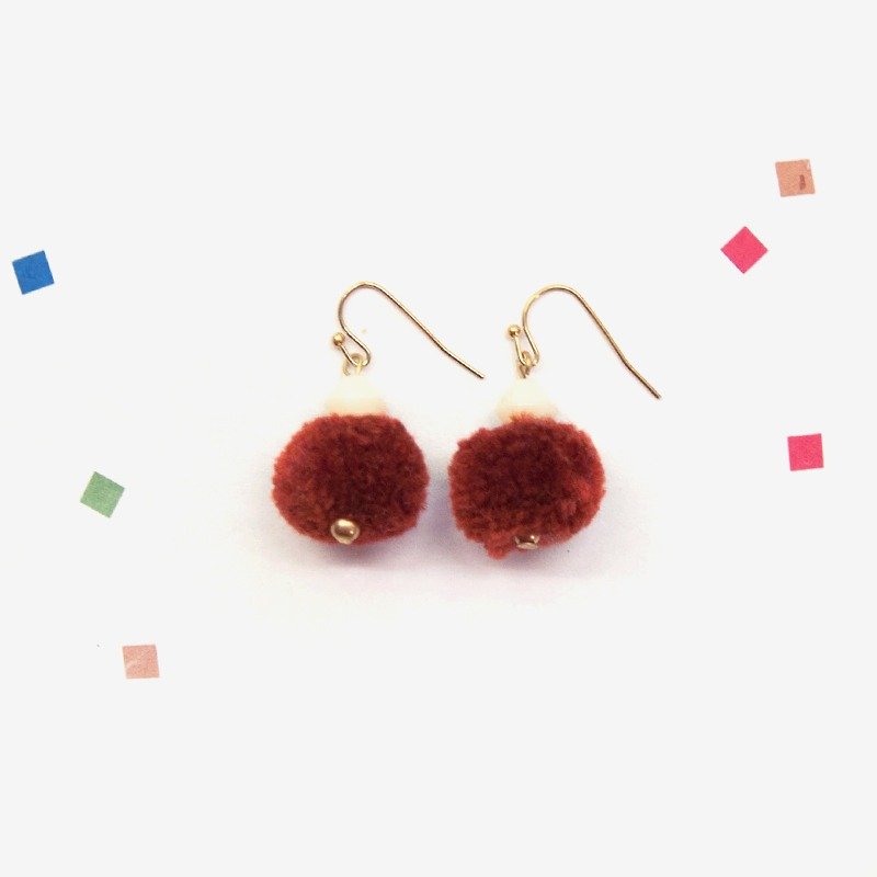 PomPom毛线球耳环 - 红棕 耳针/耳夹 - 耳环/耳夹 - 羊毛 咖啡色