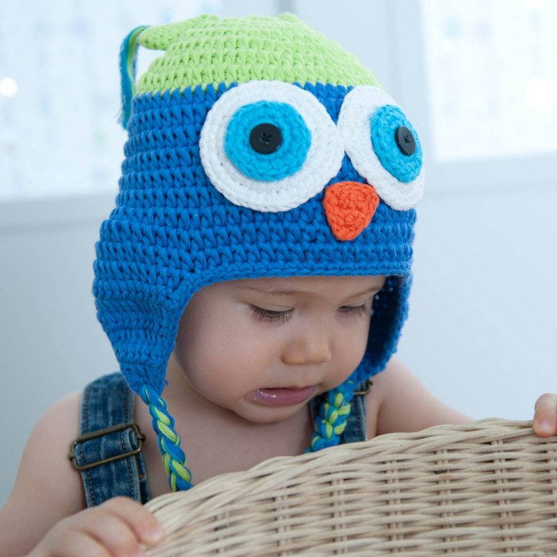 Cutie Bella手工编织帽Owl-Lime/Aqua - 婴儿帽/发带 - 棉．麻 绿色