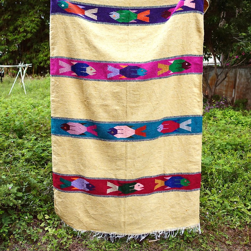 BajuTua/古着/墨西哥手工毯- 黄底彩色鱼 Mexican rug - 被子/毛毯 - 羊毛 黄色