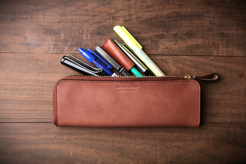 【NS皮件】手缝真皮拉链笔袋、笔袋、笔盒、化妆包 (免费打印) - 铅笔盒/笔袋 - 真皮 