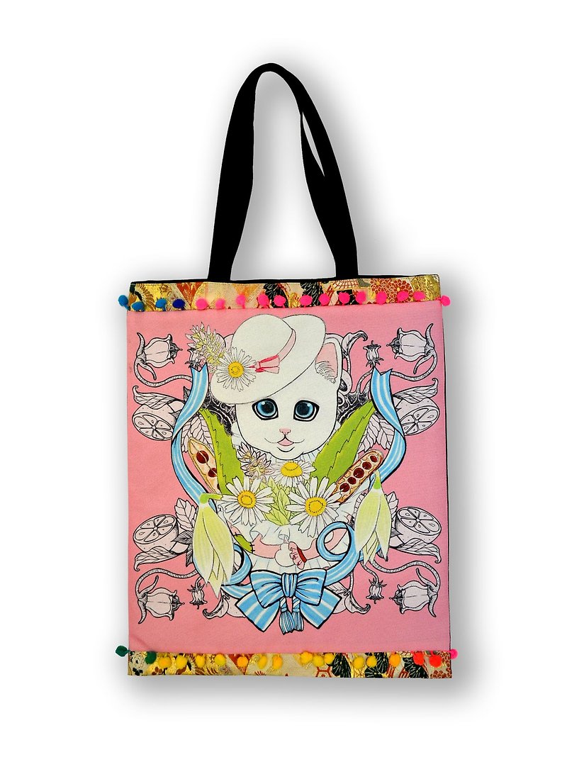 GOOKASO 双面购物袋 TOTE BAG 粉红花束猫咪 棉麻印花图案 背面日本和服织锦绸缎 缀彩色小球花边 - 其他 - 棉．麻 粉红色