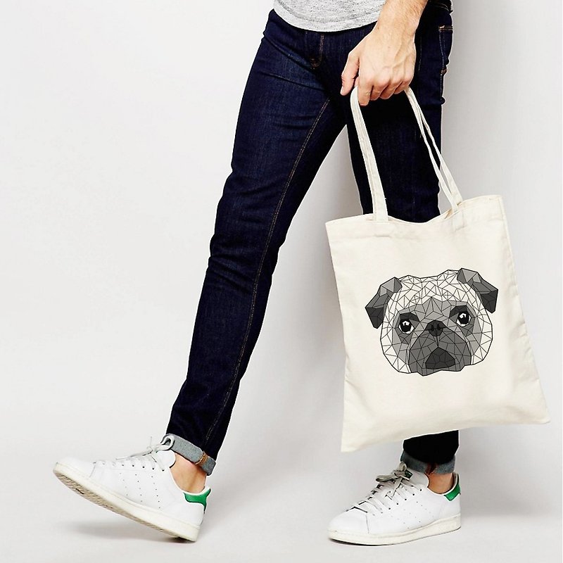 Geometric Pug 帆布 文艺 环保 肩背 手提包 购物袋-米白色  几何 巴哥 哈巴狗 法斗 狗 犬 动物 - 手提包/手提袋 - 其他材质 白色