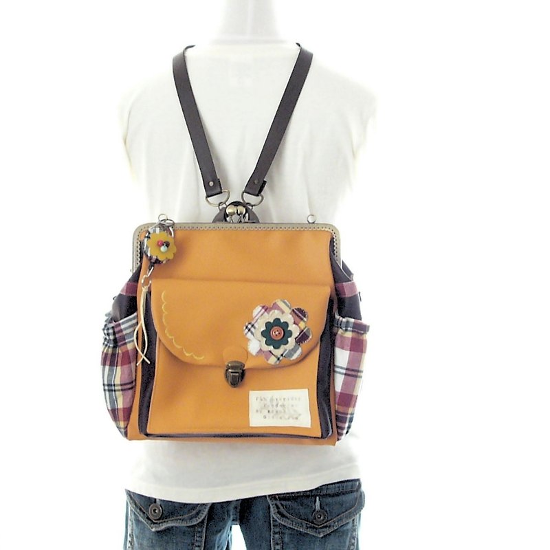 3 WAY left zipper compact backpack full set check flower orange × brown - 后背包/双肩包 - 真皮 橘色