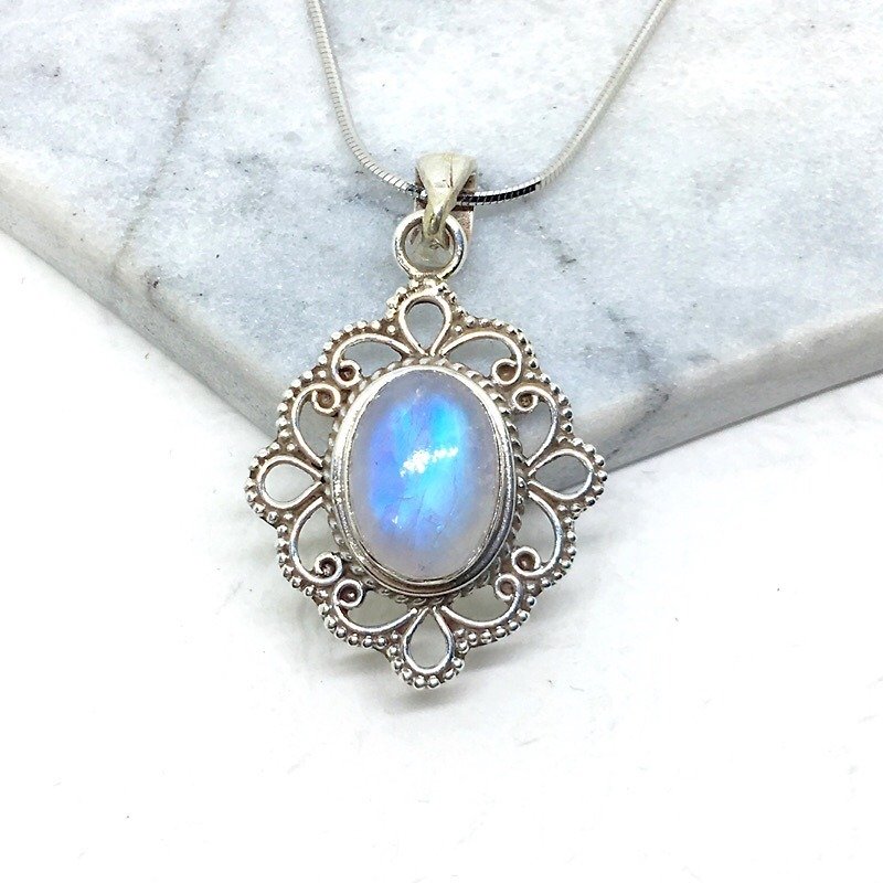 月光石925纯银蕾丝花边设计项链 尼泊尔手工镶嵌制作(款式1) - 项链 - 宝石 蓝色