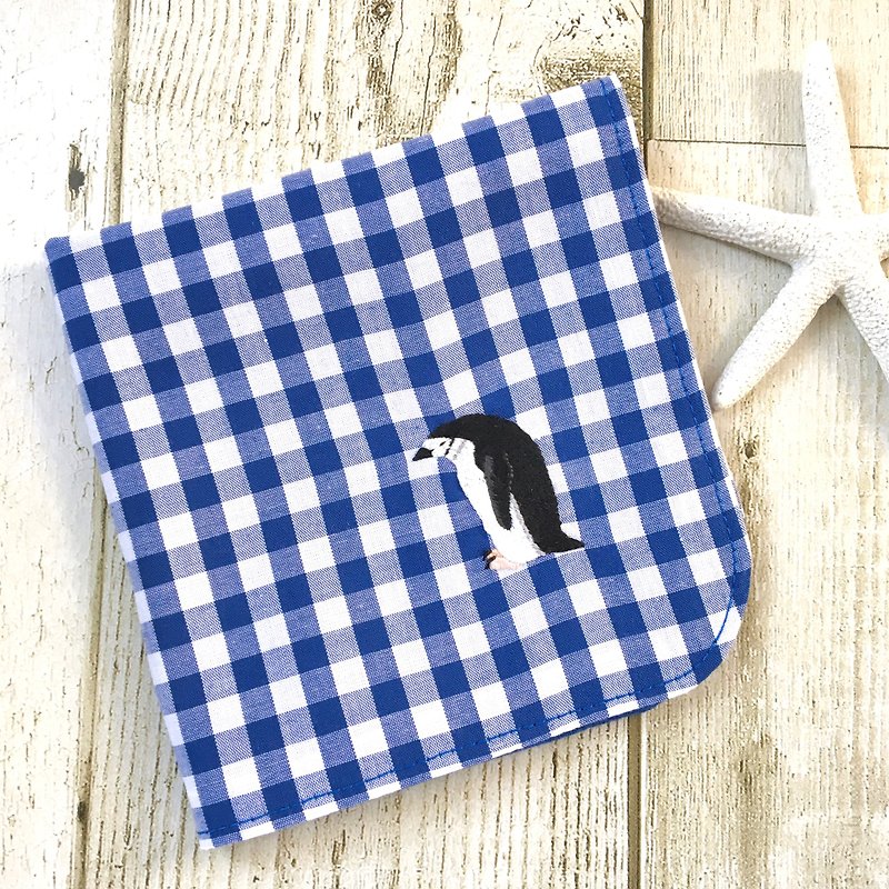 ヒゲペンギンの刺繍ガーゼハンカチ - 其他 - 棉．麻 蓝色
