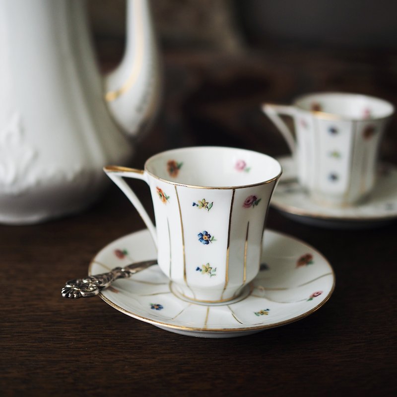 法国复古 LIMOGES 白瓷小花镀金杯碟组 - 咖啡杯/马克杯 - 瓷 多色