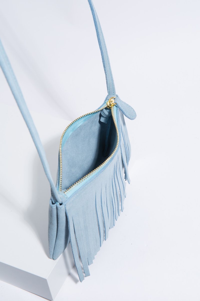 Mini fringe Cotton Candy: Leather cross-body bag ( Sky Blue) - 束口袋双肩包 - 真皮 蓝色