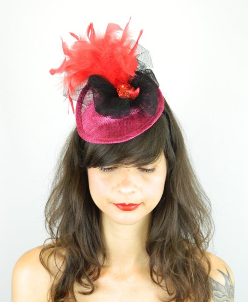 Pillbox Hat Headpiece Cocktail Hat with Peacock Bird in Red Feathers and Glitter - 帽子 - 其他材质 粉红色