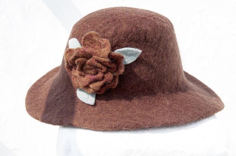 欧洲帽 针毡帽 老爷帽 遮阳帽 登山帽 电梯帽 羊毛毡帽 手工羊毛毡帽 羊毛帽 设计帽 圆顶帽 圣诞礼物 母亲-咖啡花朵 - 帽子 - 羊毛 咖啡色