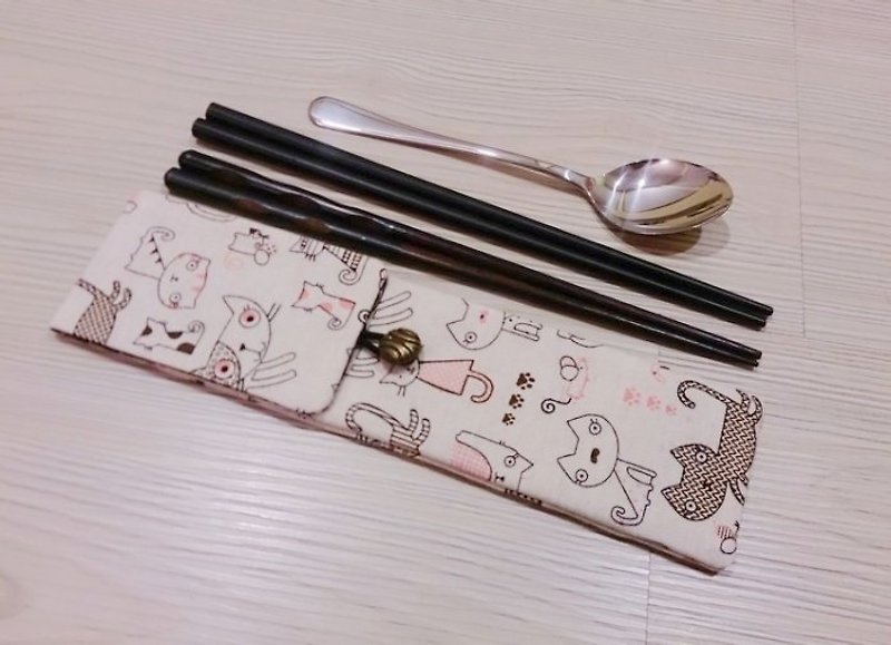 环保餐具收纳袋 筷子袋 组合筷专用 双层筷袋  猫咪款 - 餐刀/叉/匙组合 - 棉．麻 多色