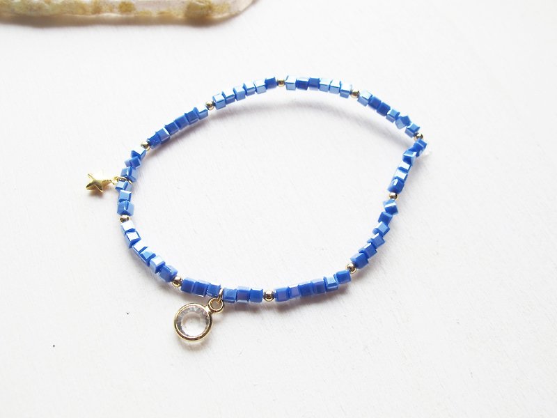 Rosy Garden 蓝色波西米亚风方型水晶配小宝石串珠手链 手环 - 手链/手环 - 其他材质 蓝色