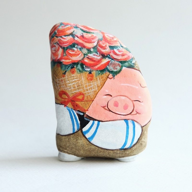 pig with flower stone painting handmade gift for Valentine day. - 玩偶/公仔 - 石头 红色