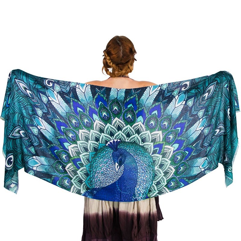 Aqua Peacock Scarf - cotton - 丝巾 - 棉．麻 蓝色