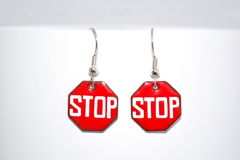 Stop, Stop Earrings, Enamel Earrings, Road Sign Earrings, Enameled, Enameled Jewelry, Traffic Sign, - 耳环/耳夹 - 珐琅 红色