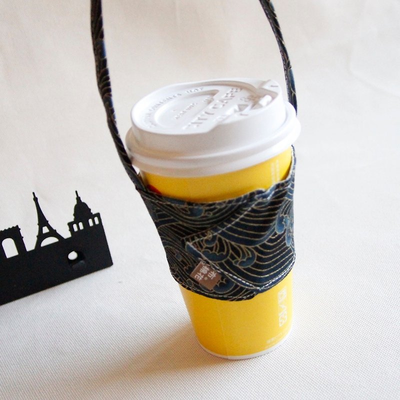 环保手提杯套, 黑金 日本海浪 图纹 - 随行杯提袋/水壶袋 - 棉．麻 黑色