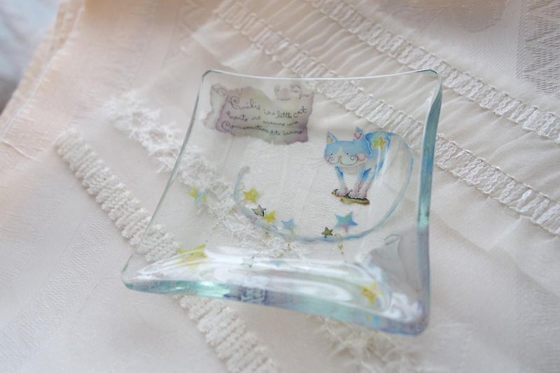 飾りガラス小皿 〜 猫のエミリー・星のダンス - 浅碟/小碟子 - 玻璃 